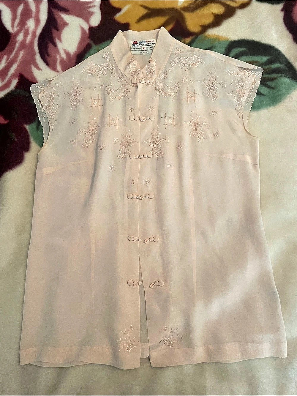 Peony 100% Silk Hand Embroidered Sleeveless Blouse in Pink US Size 2